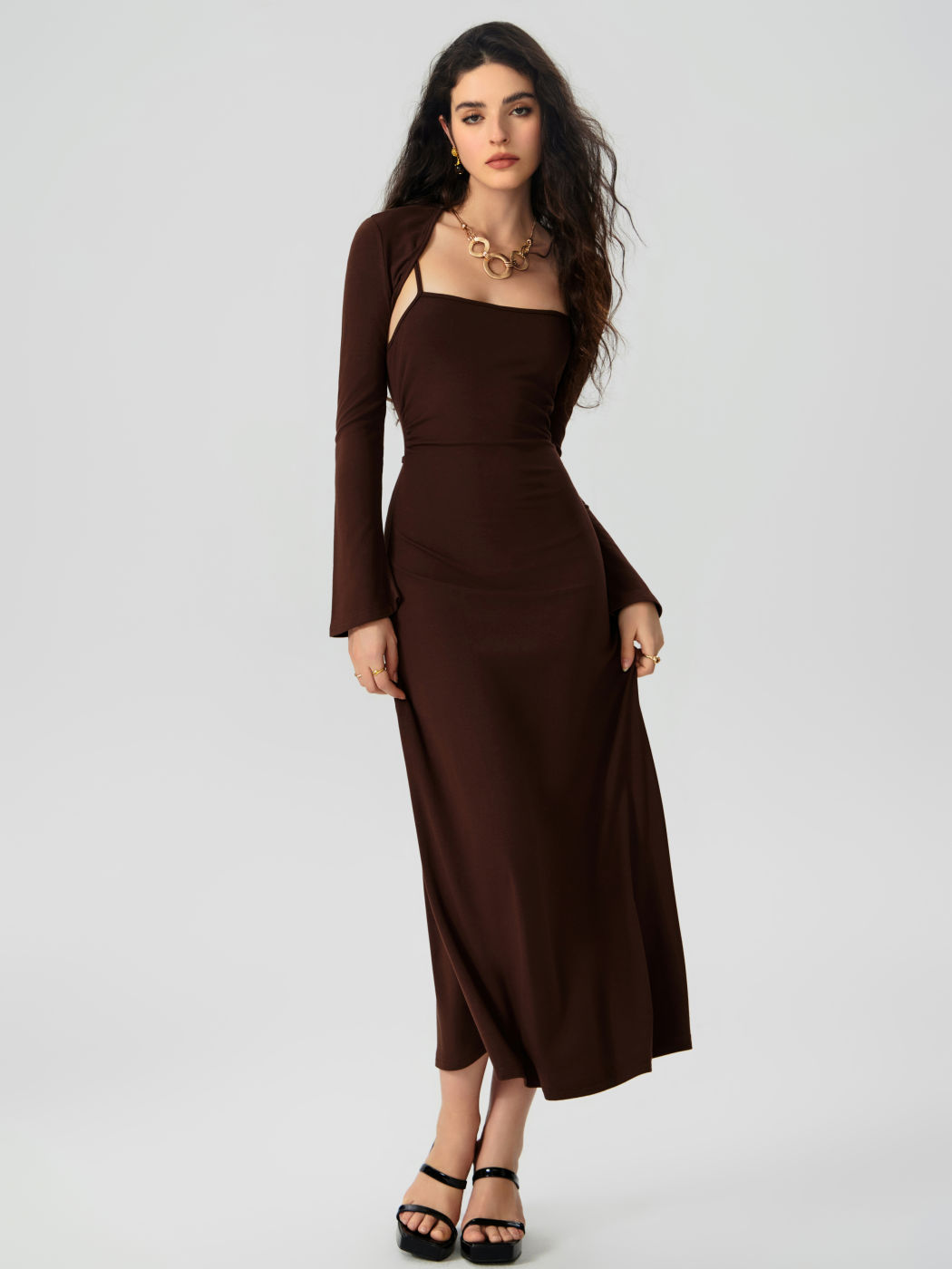  Quadratischer Ausschnitt Geknotetes Maxikleid & Strickjacke