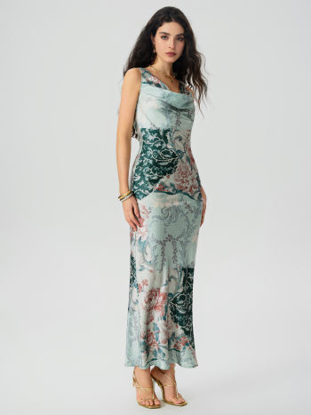 Satin Cowl Neck Floral Maxi Mermaid Dress