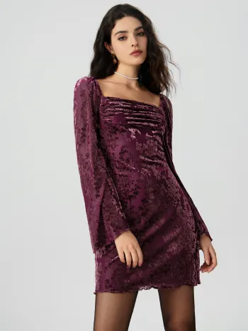 Samt Quadratischer Ausschnitt Blumen Rüschen Minikleid