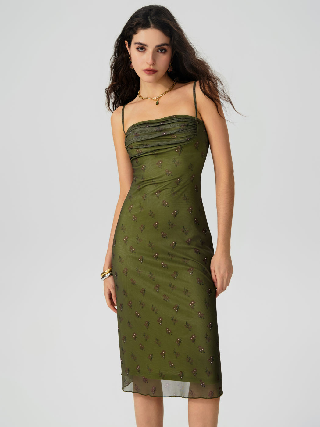 Gerafftes Midikleid mit Mesh-Blumenmuster