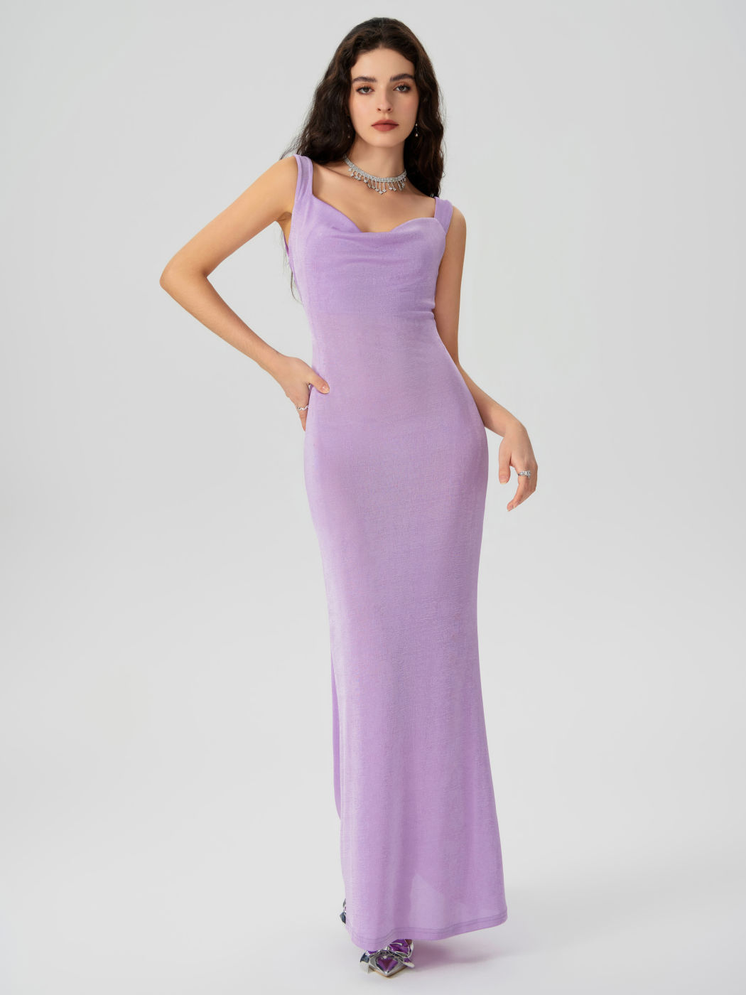 Solid Cowl Neck Ruffle Maxi Dress