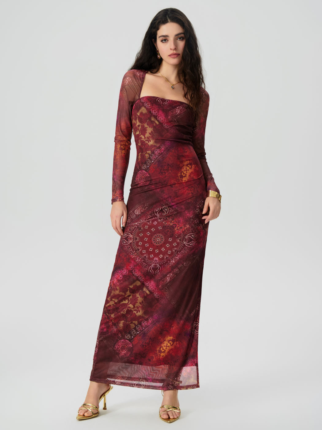Mesh Square Neck Paisley Split Maxi Dress