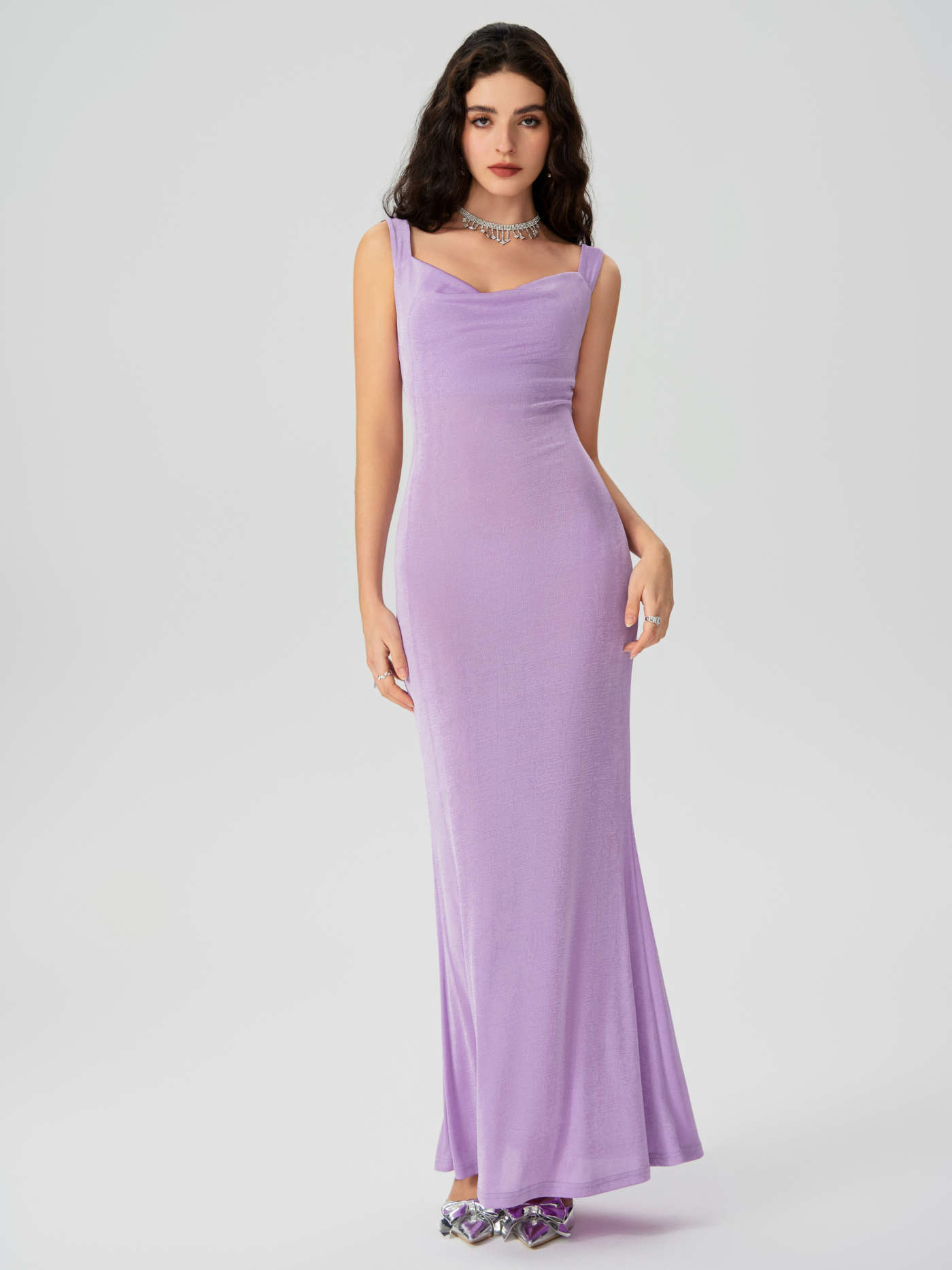 Solid Cowl Neck Ruffle Maxi Dress