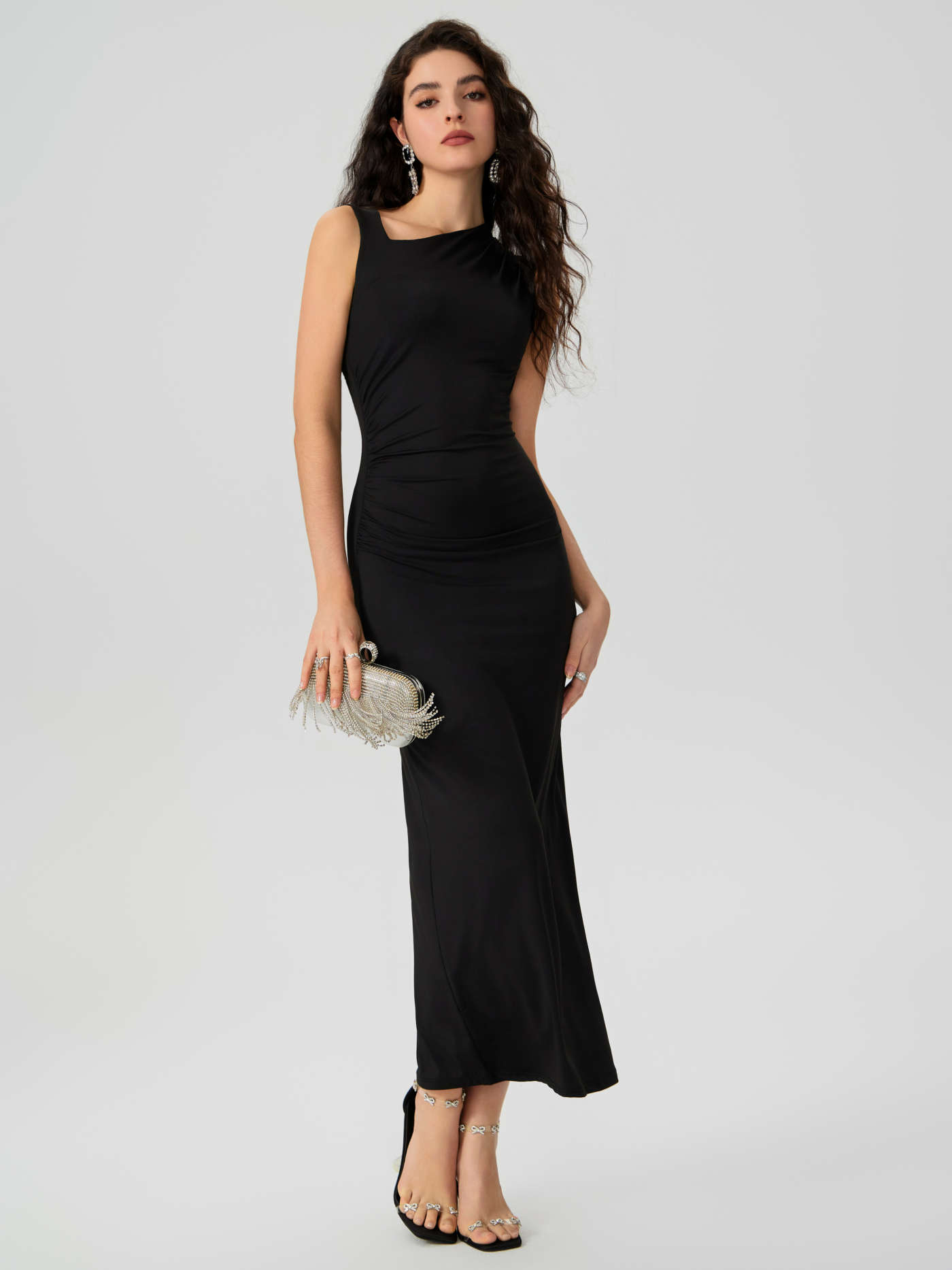 Asymmetrical Neck Solid Ruched Maxi Dress