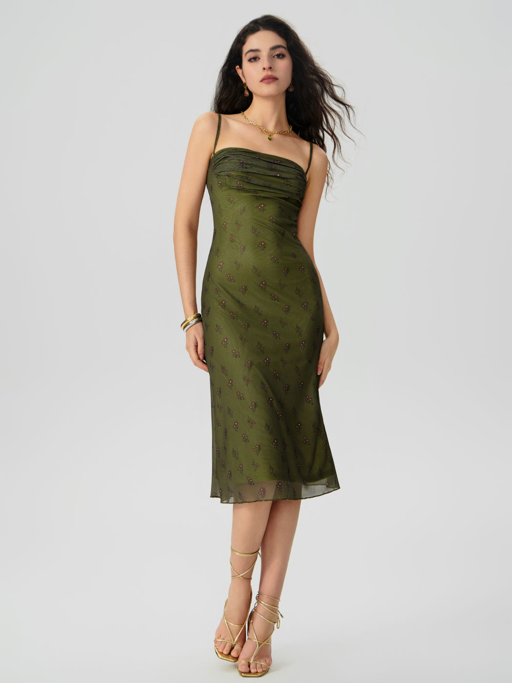 Gerafftes Midikleid mit Mesh-Blumenmuster