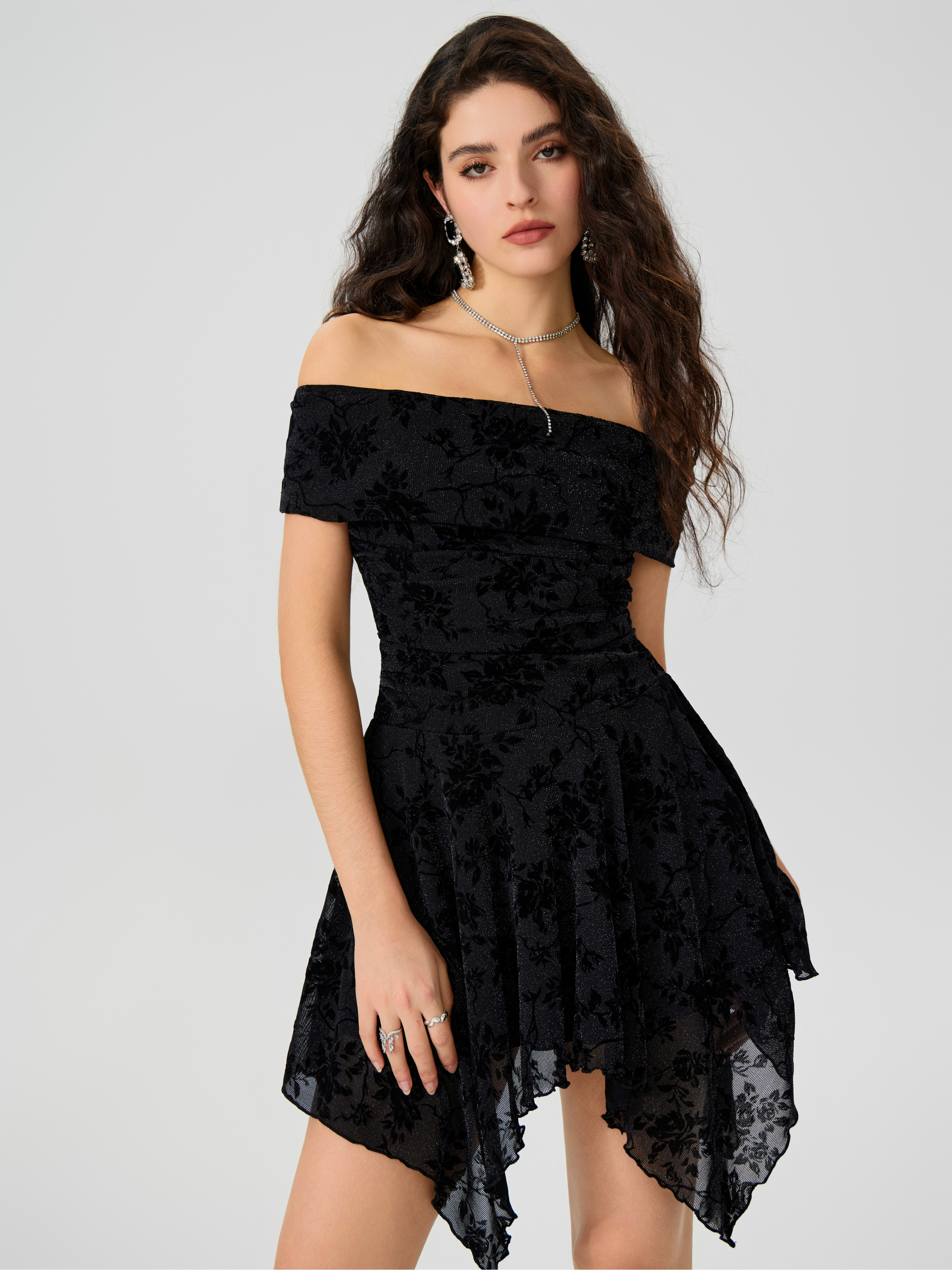 flower jacquard off shoulder dress – POPPY