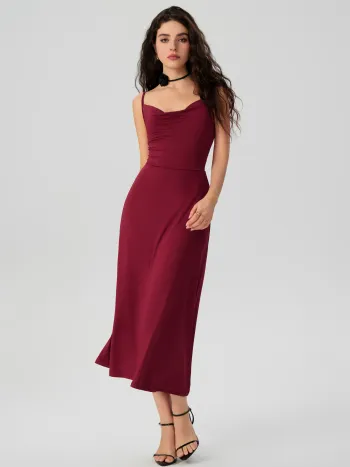 Cowl Neck Solid Ruched Maxi Dress
