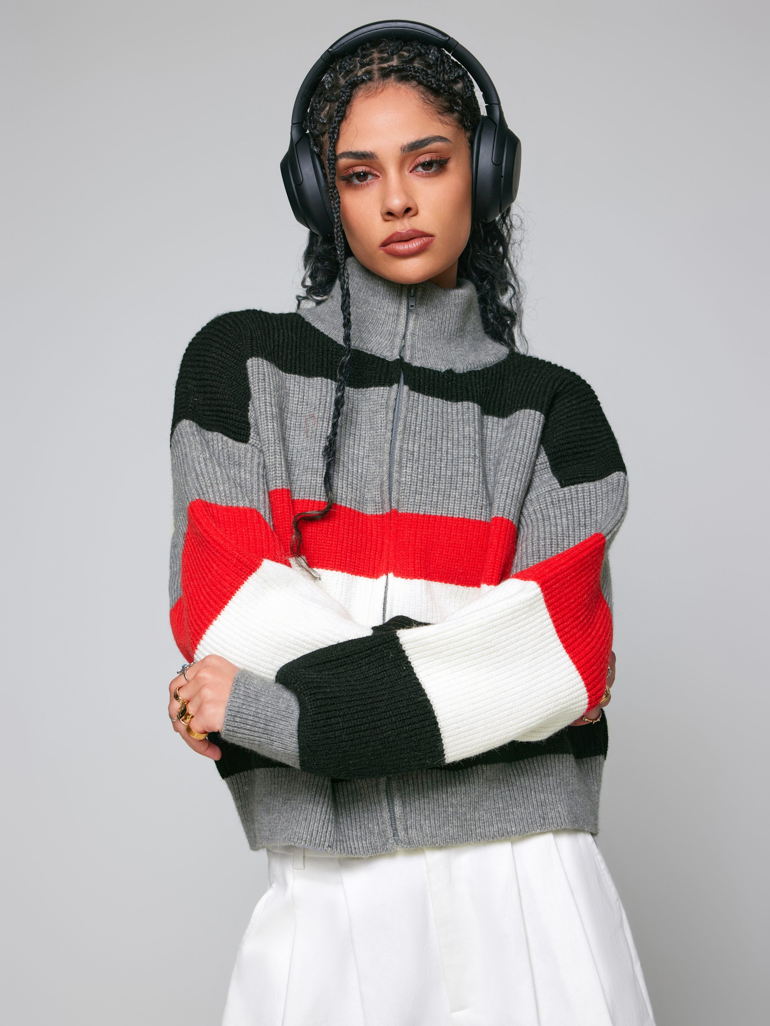 Knit Fabric Stand Collar Stripe Zipper Cardigan For Daily Casual