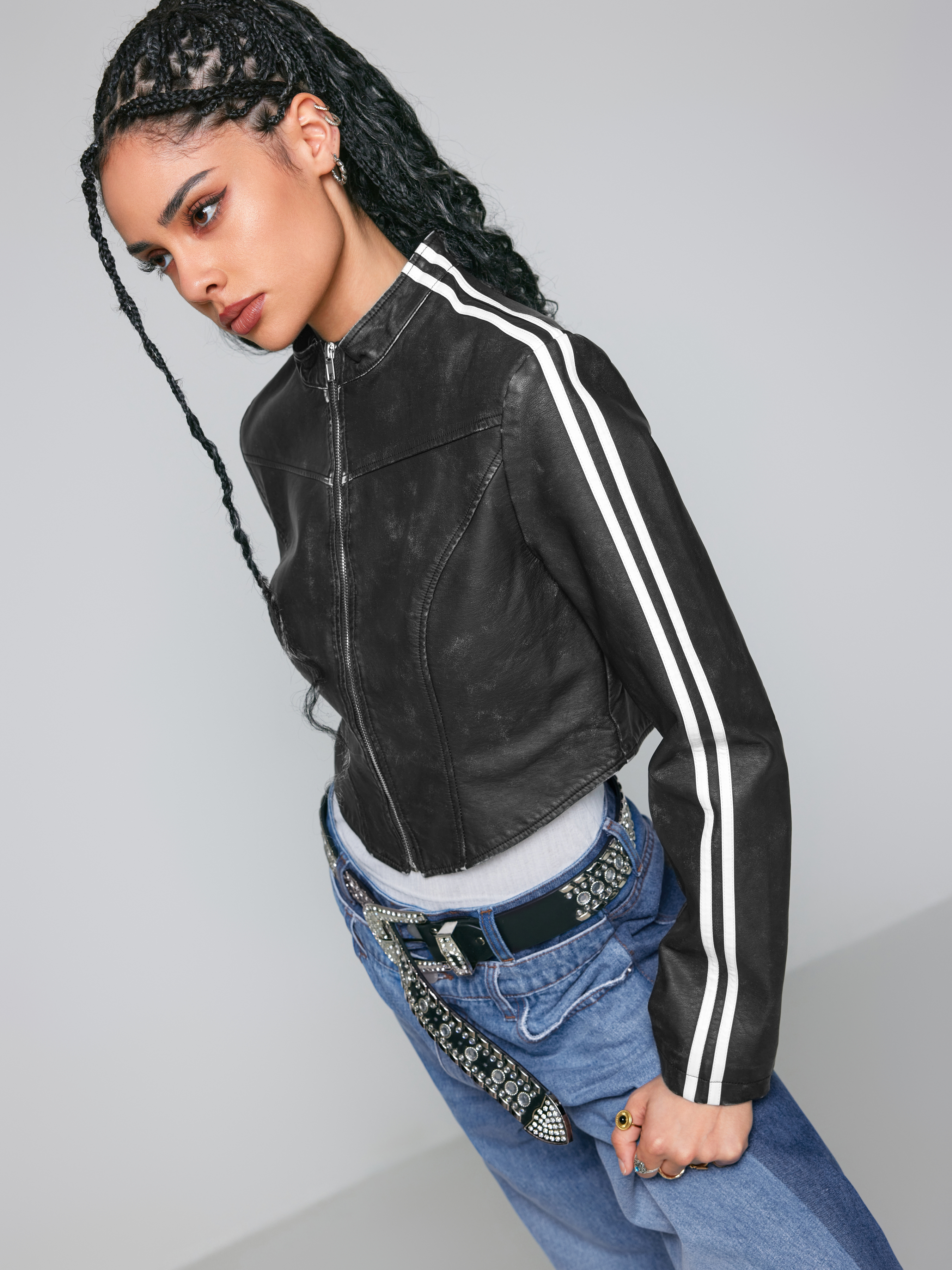 Faux Leather High Neck Stripe Zipper Crop BikerJacket For