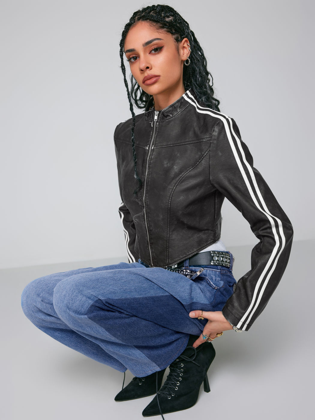 Faux Leather High Neck Stripe Zipper Crop BikerJacket