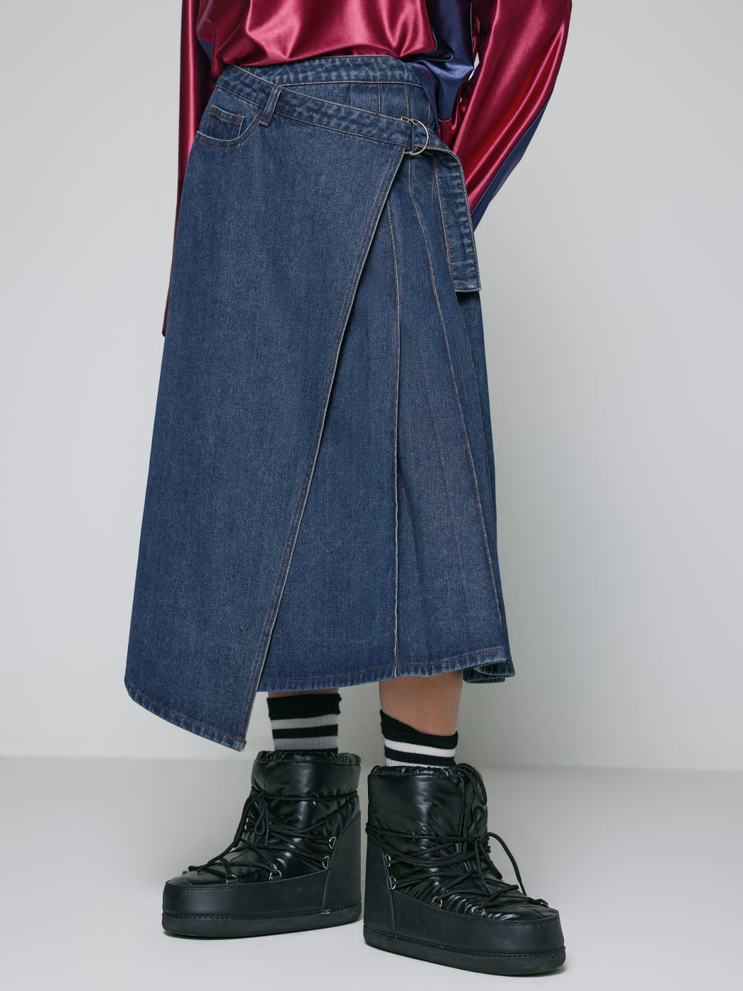 Denim High Waist Asymmetrical Pleated Maxi Skirt