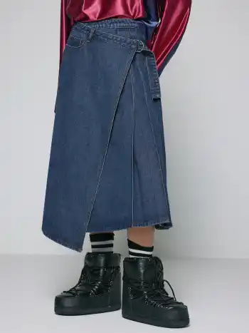 Denim High Waist Asymmetrical Pleated Maxi Skirt