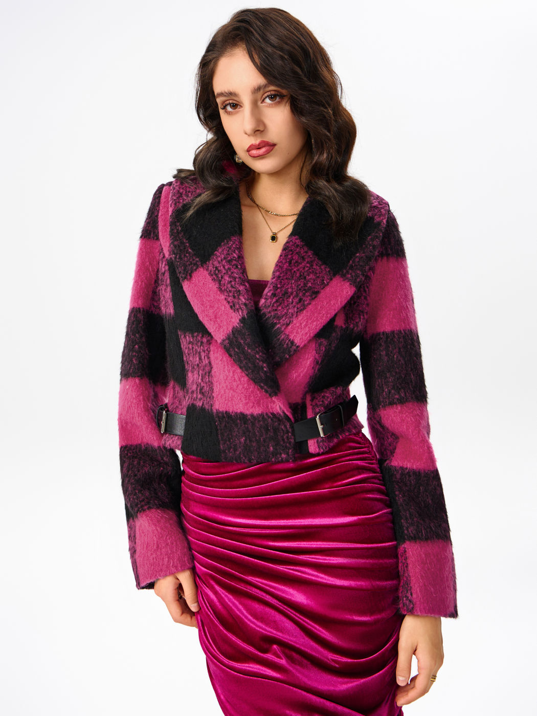  Karierte Jacke mit Gürtel