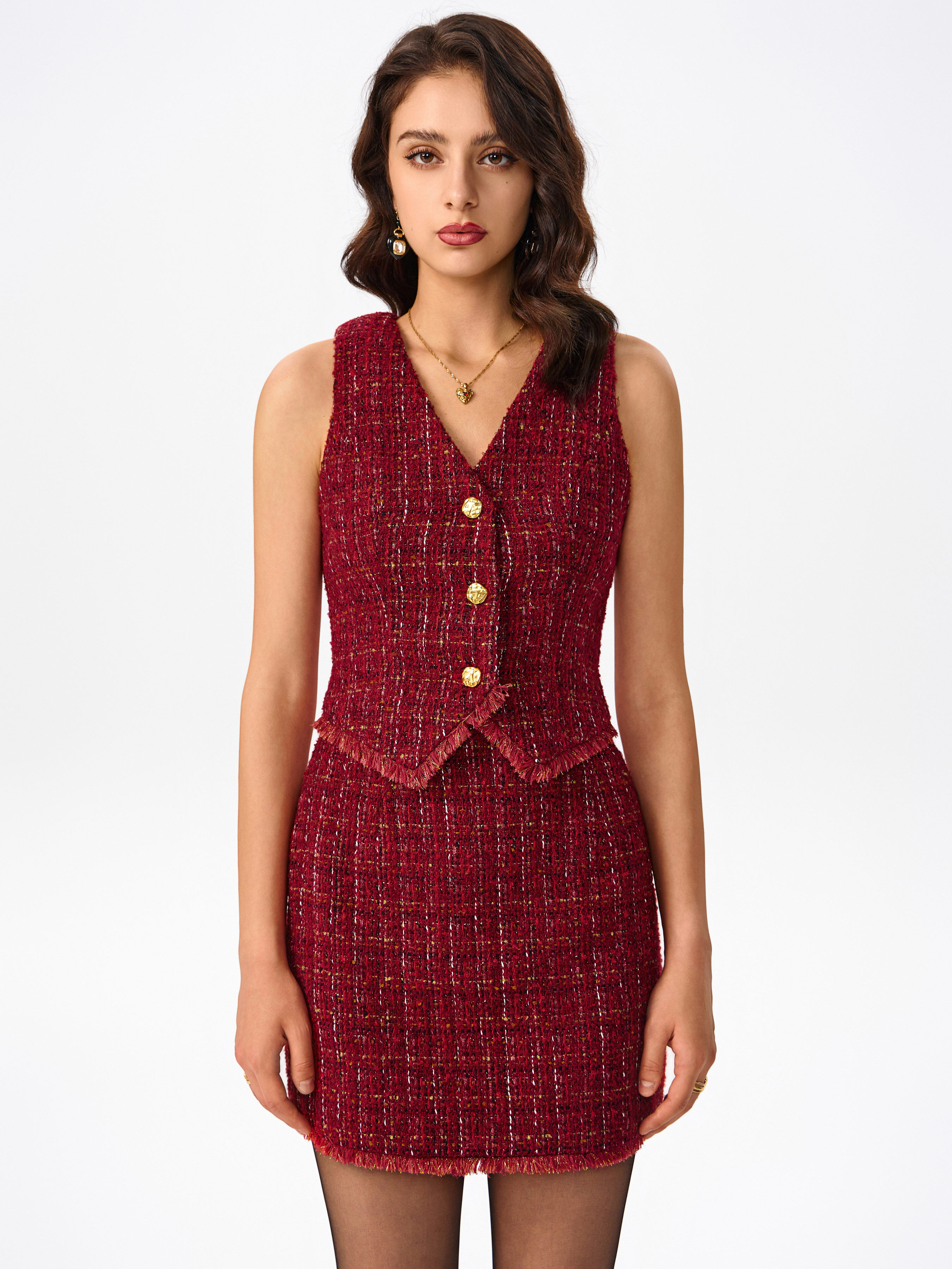 Tweed Tweed V-neck Metallic Button Vest For Date Coffee Shop