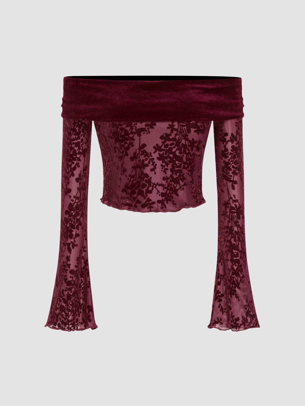 Velvet Offshoulder Jacquard Floral Bell Sleeve Top Cider