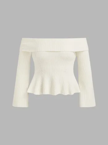 Knit Off-shoulder Ruffle Hem  Long Sleeve Top Curve & Plus