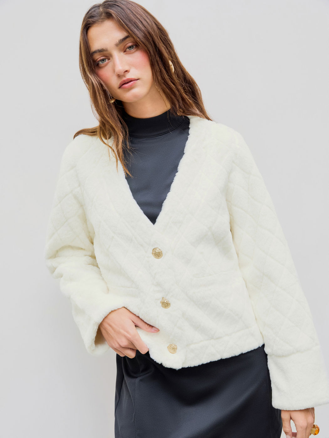  Faux Shearling V-Ausschnitt Solid Knopftasche Jacke