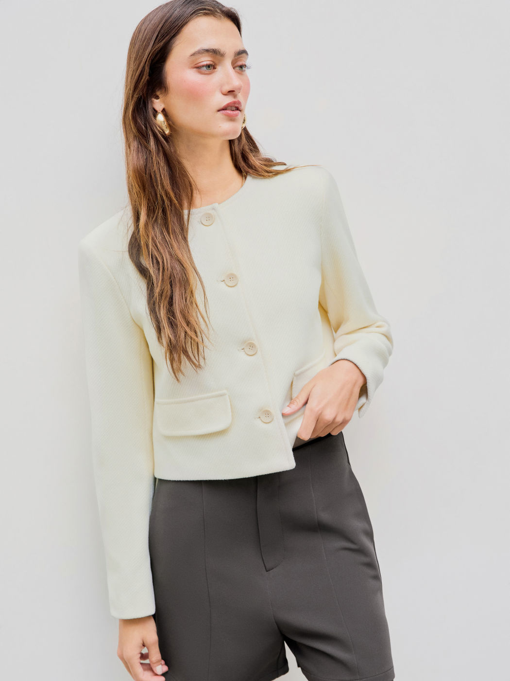  Tweed Kragenlose Solid Knopfjacke