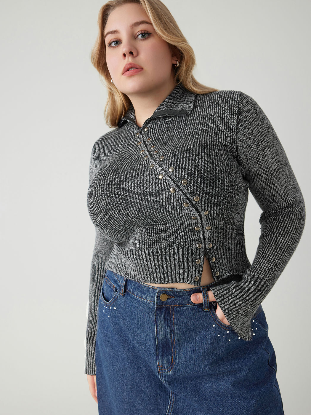  Hochhalsiger Niet-Reißverschluss Crop Strickjacke Kurve & Plus