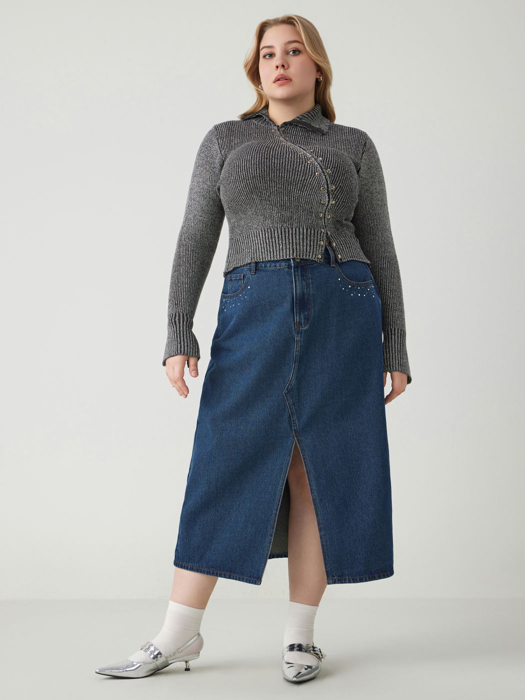  Hochhalsiger Niet-Reißverschluss Crop Strickjacke Kurve & Plus