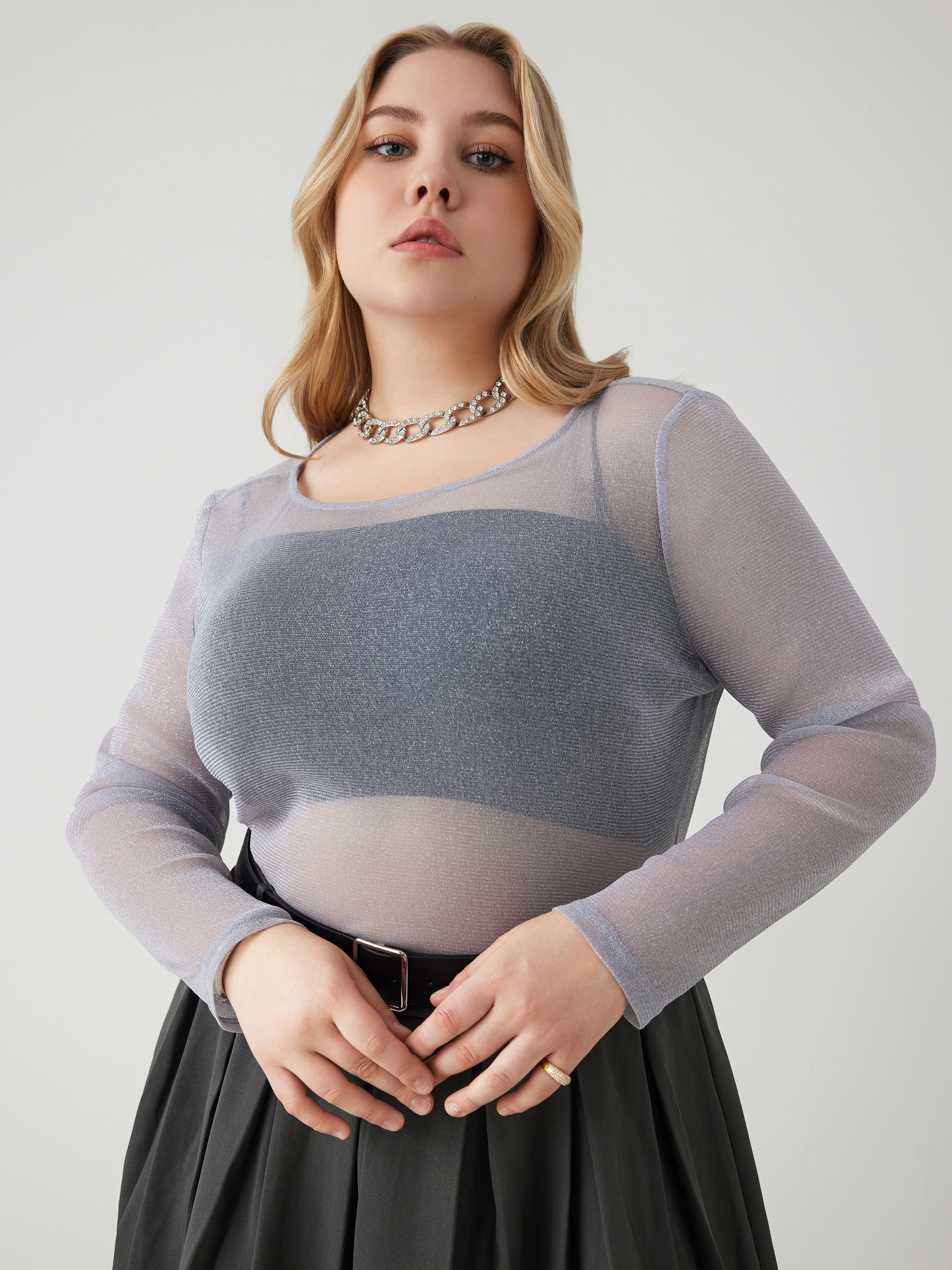 Mesh Round Neckline Solid Sheer Top Curve \u0026 Plus For Date Music  Festival/Live House
