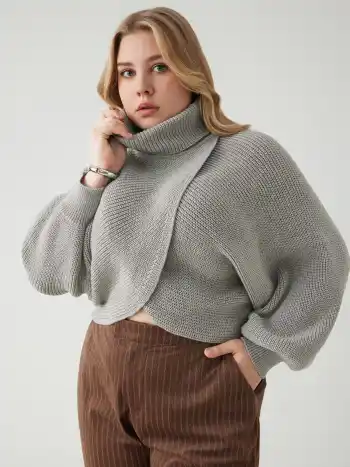 High Neck Solid Strickoberteil Kurve & Plus