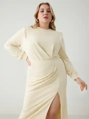Round Neckline Split Ruched Midi Dress Curve & Plus