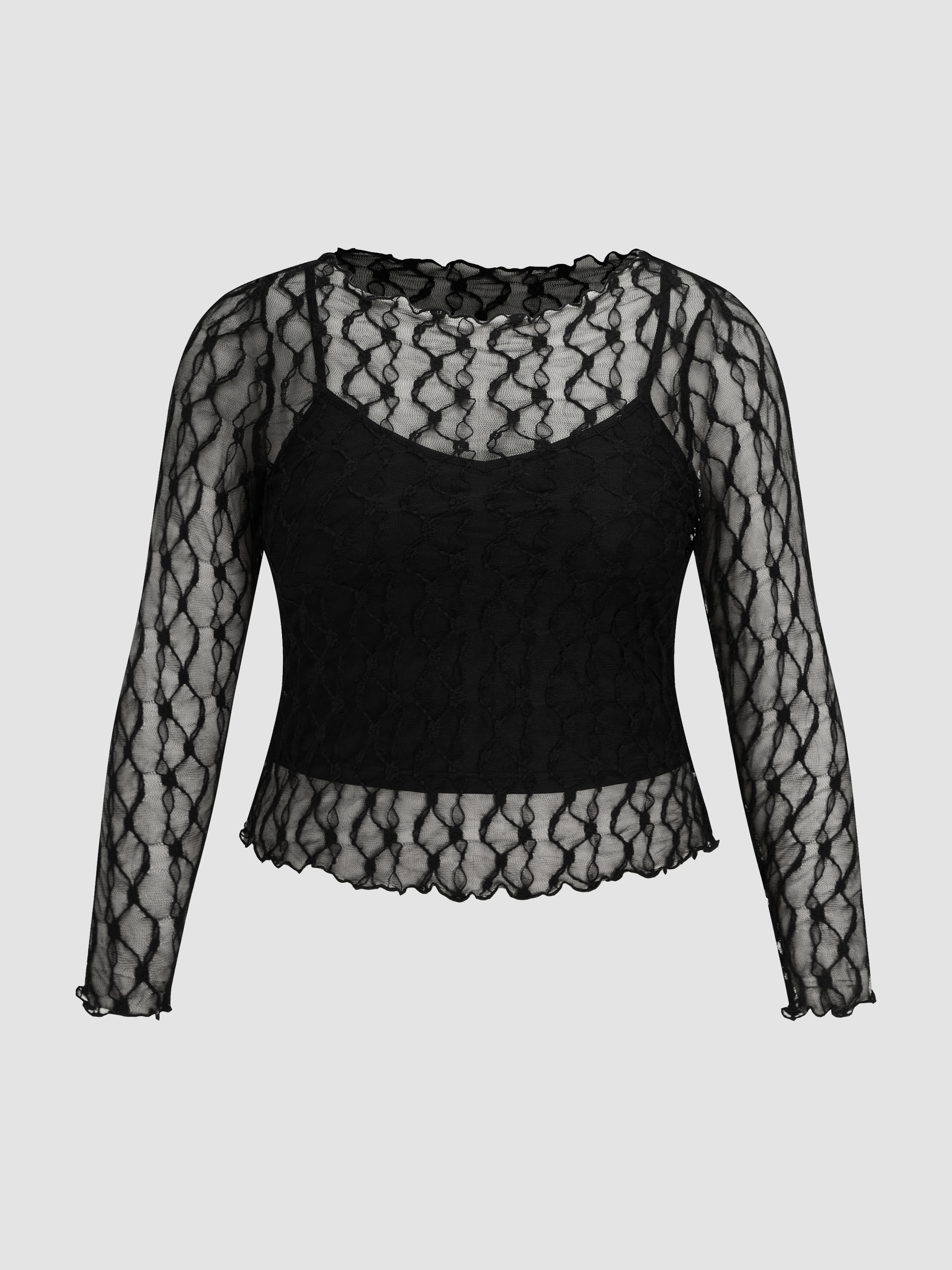 Lace Boat Neck Long Sleeve Top Curve & Plus For Date Music