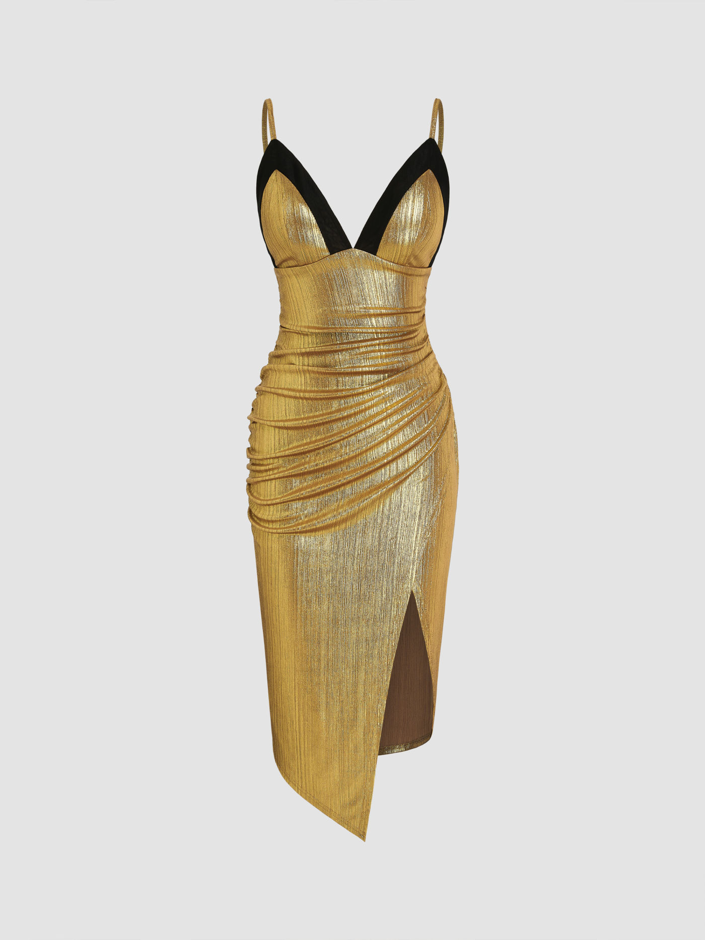 Metallic V-neck Solid Ruched Midi Dress