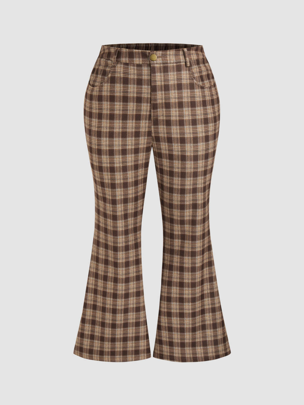 Woven Mid Waist Plaid Pocket Flared Trousers Curve Plus For