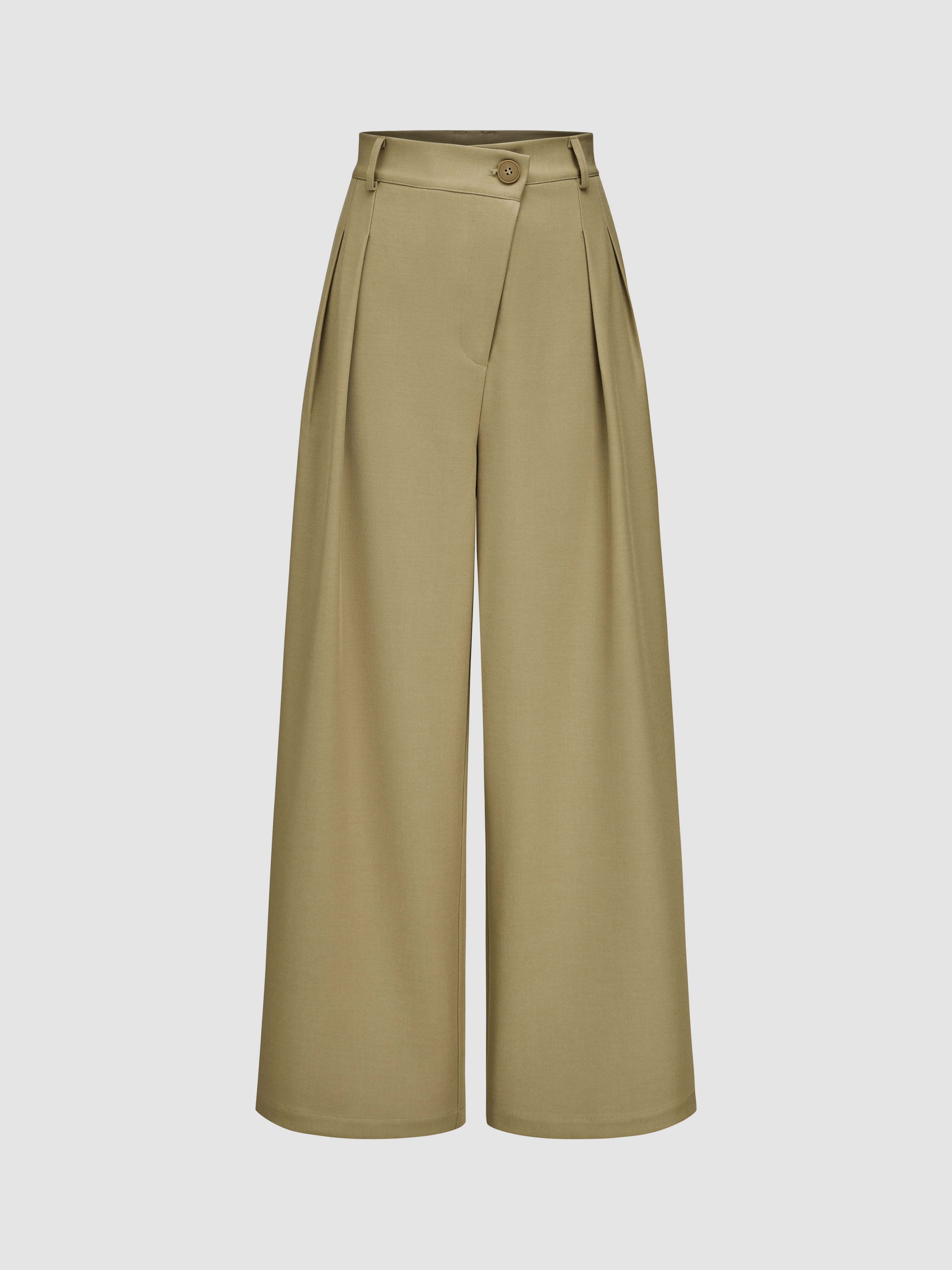 Woven Mid Waist Solid Asymmetrical Pleated Wide Leg Trousers