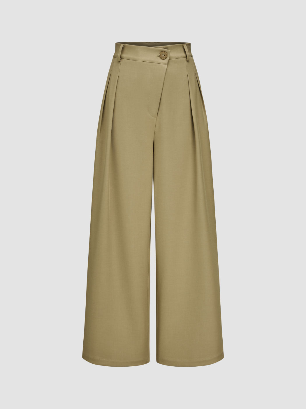 Mid Waist Solid Asymmetrical Pleated Wide Leg Trousers