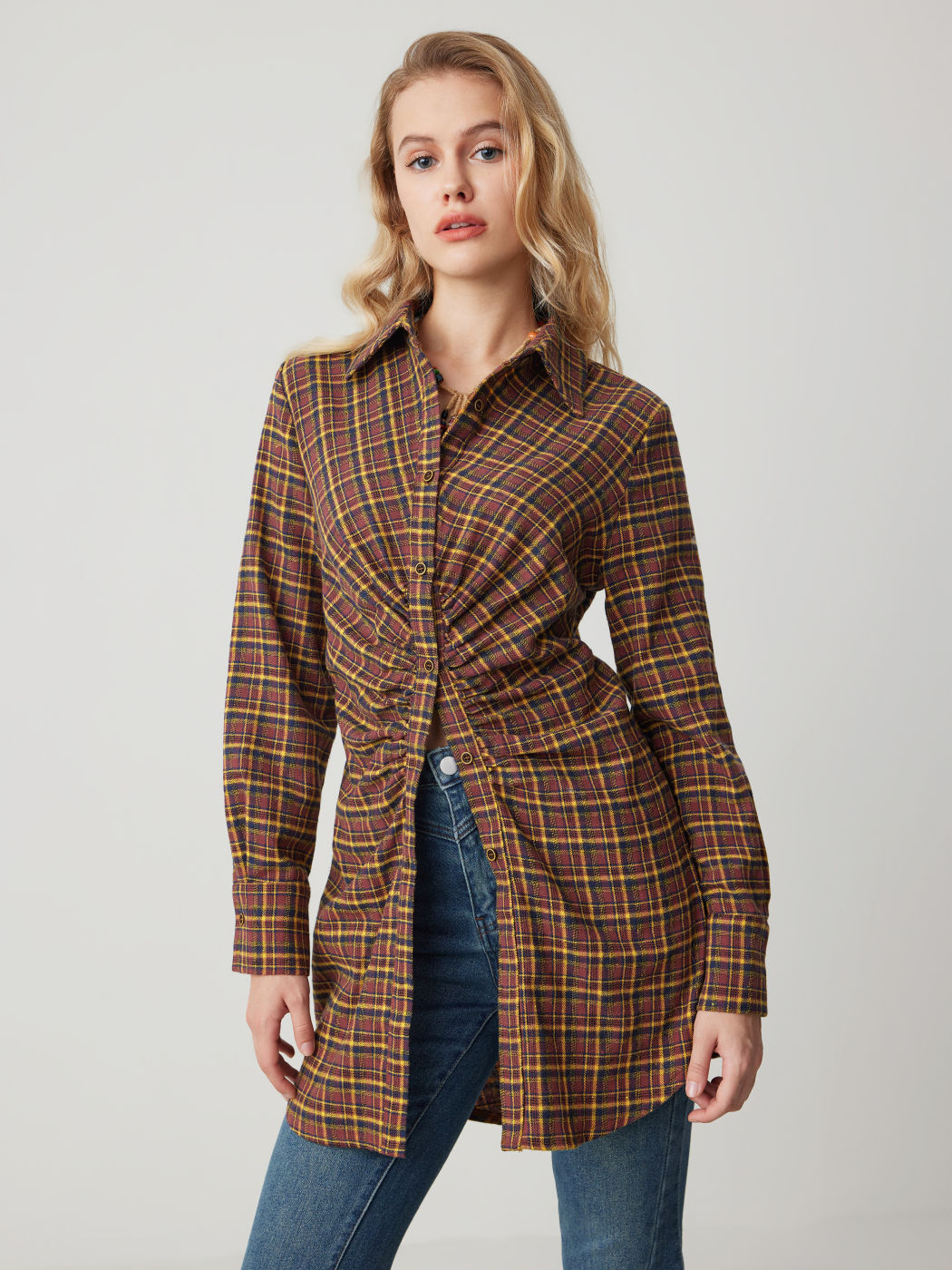 Collar Check Button Long Sleeve Blouse
