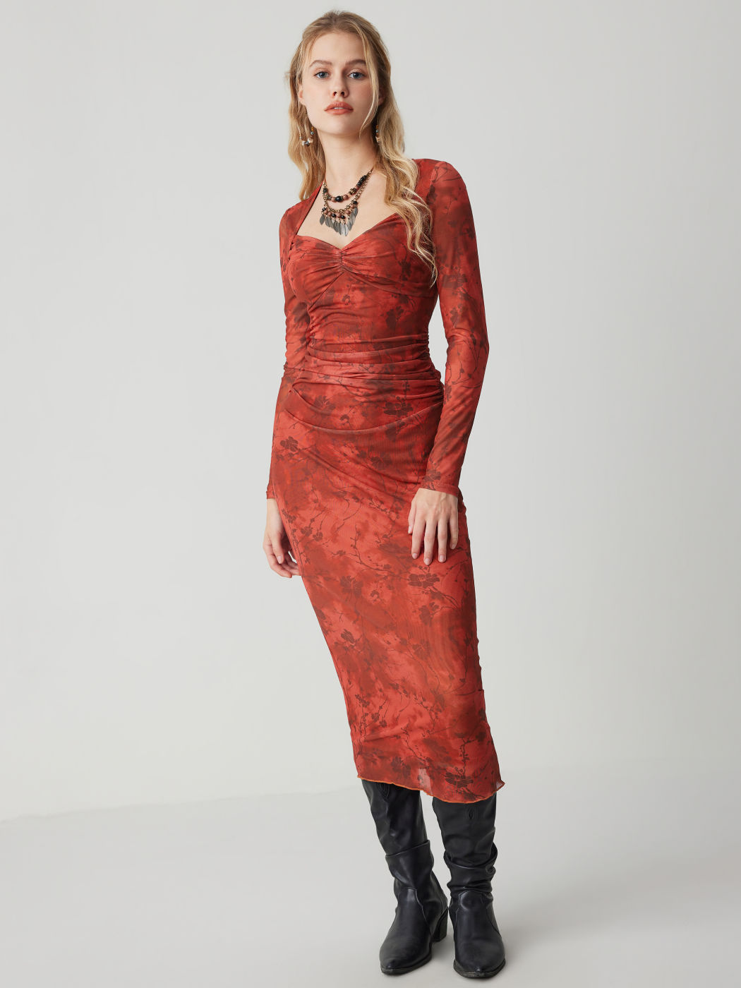  Mesh Sweetheart Floral Gerafftes Maxikleid