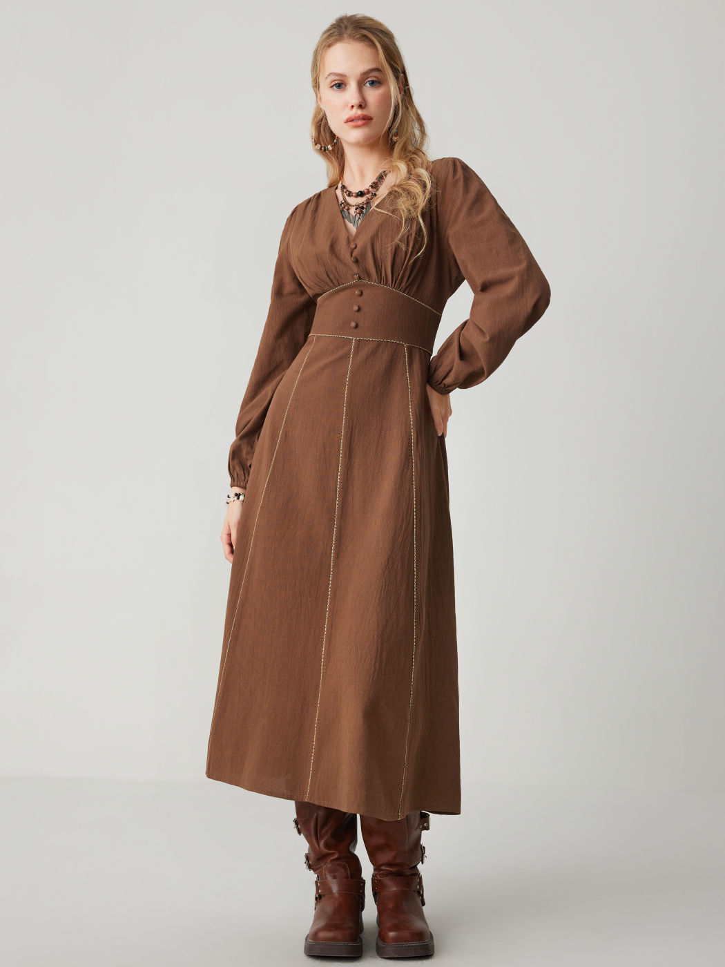 V-neck Solid Button Maxi Dress