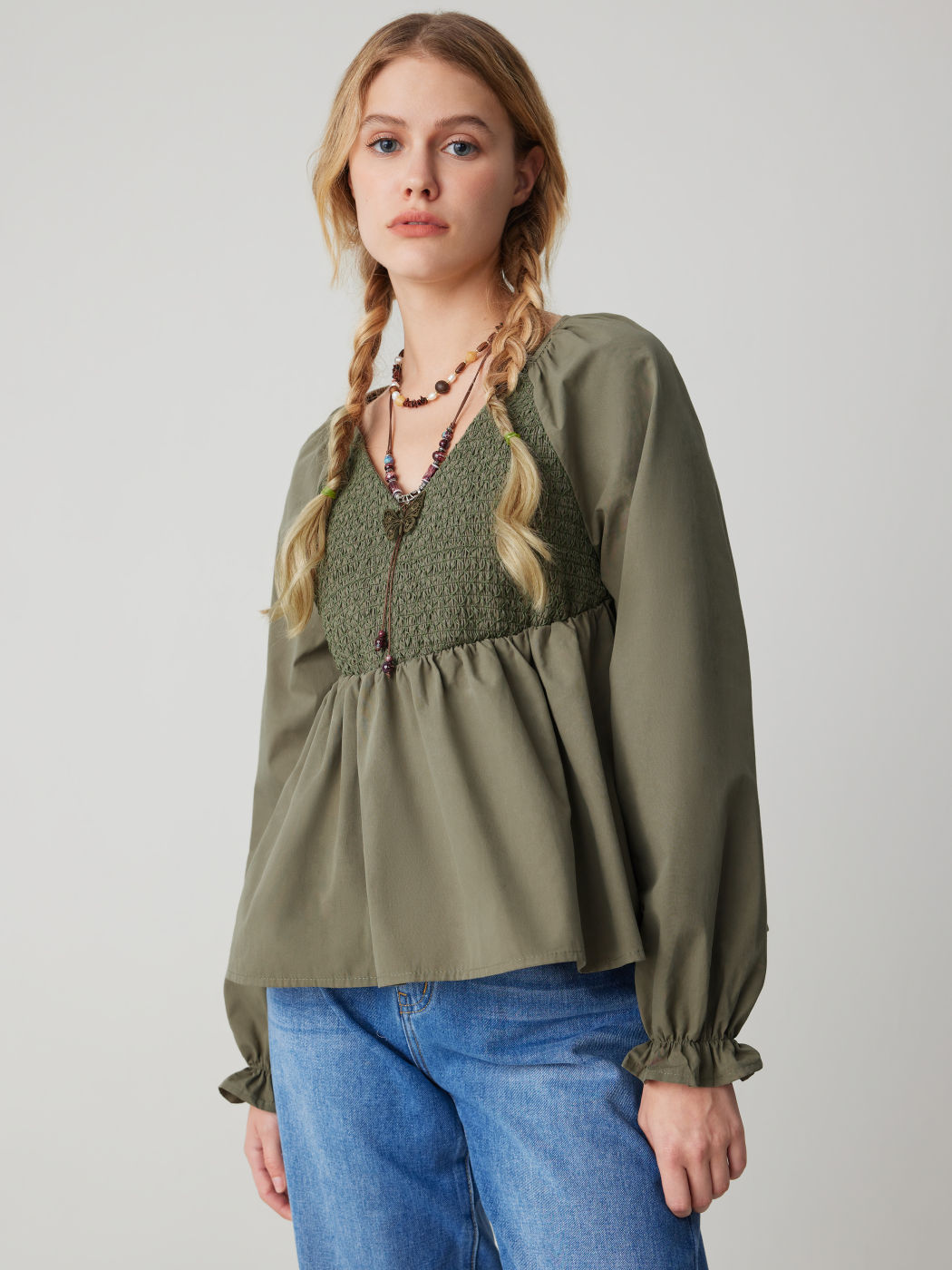 V-neck Solid Ruffle Shirred Long Sleeve Blouse