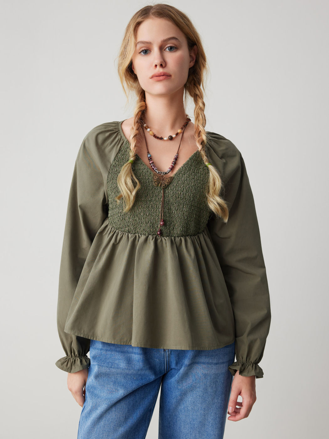 V-neck Solid Ruffle Shirred Long Sleeve Blouse