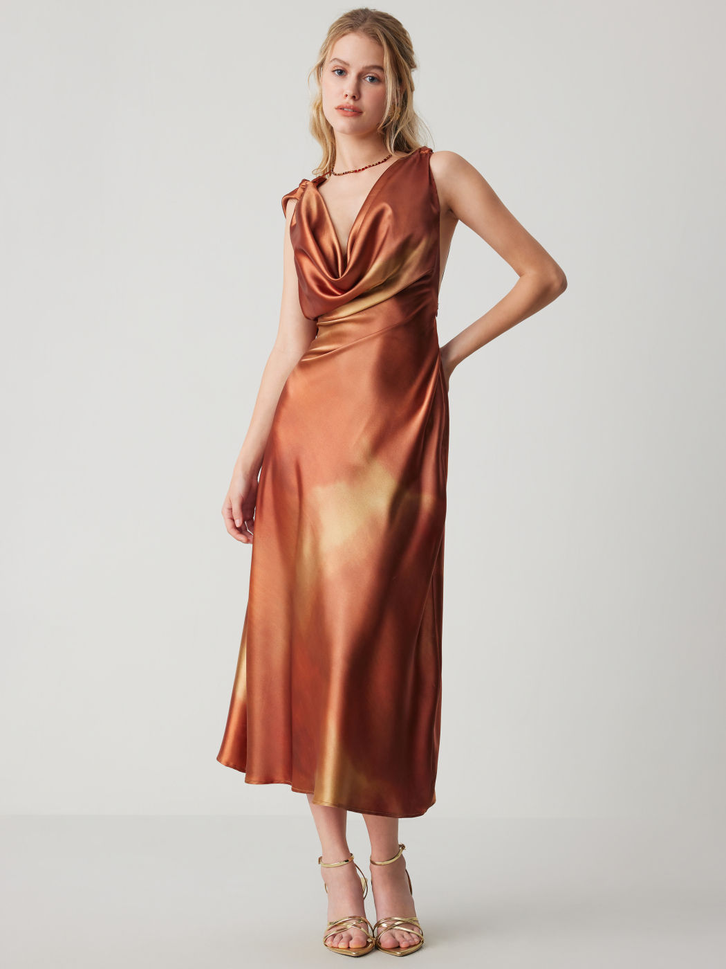 Satin Cowl Neck Asymmetrical Backless Tie Dye Maxi Dress