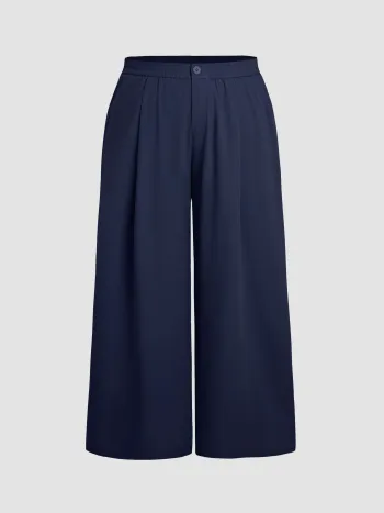 Pantaloni solidi a vita alta con tasche a pieghe a gamba larga Curve & Plus