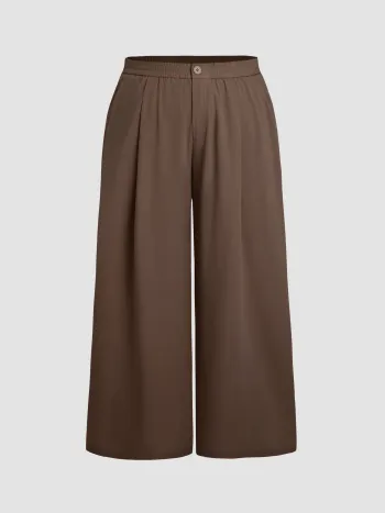 Einfarbige Hochbund-Pleat-Taschen-Breitbein-Hosen Kurve & Plus