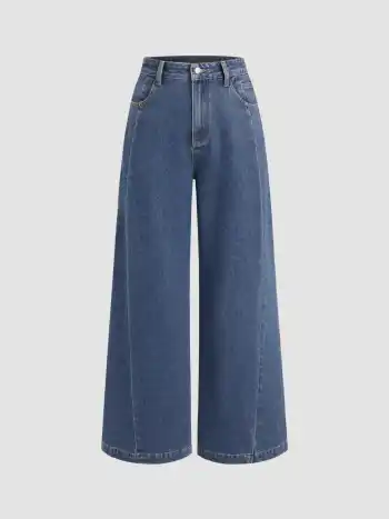 Denim Mid Waist Solid Baggy Jeans