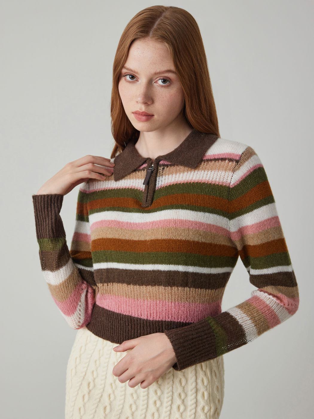  Polo Streifen Gestrickter Reißverschluss Langarm Crop Top