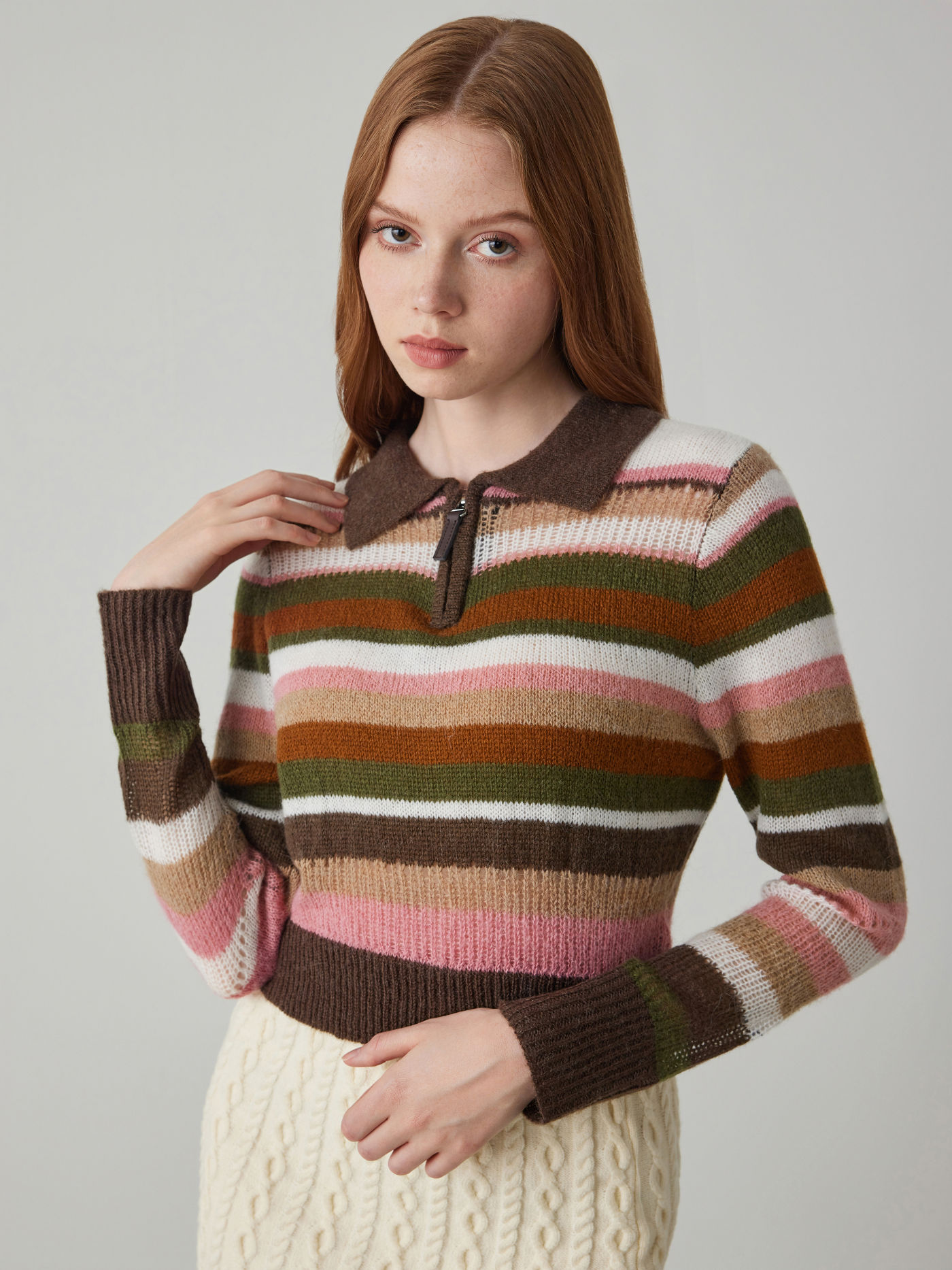 Polo Stripe Knitted Zipper Long Sleeve Crop Top