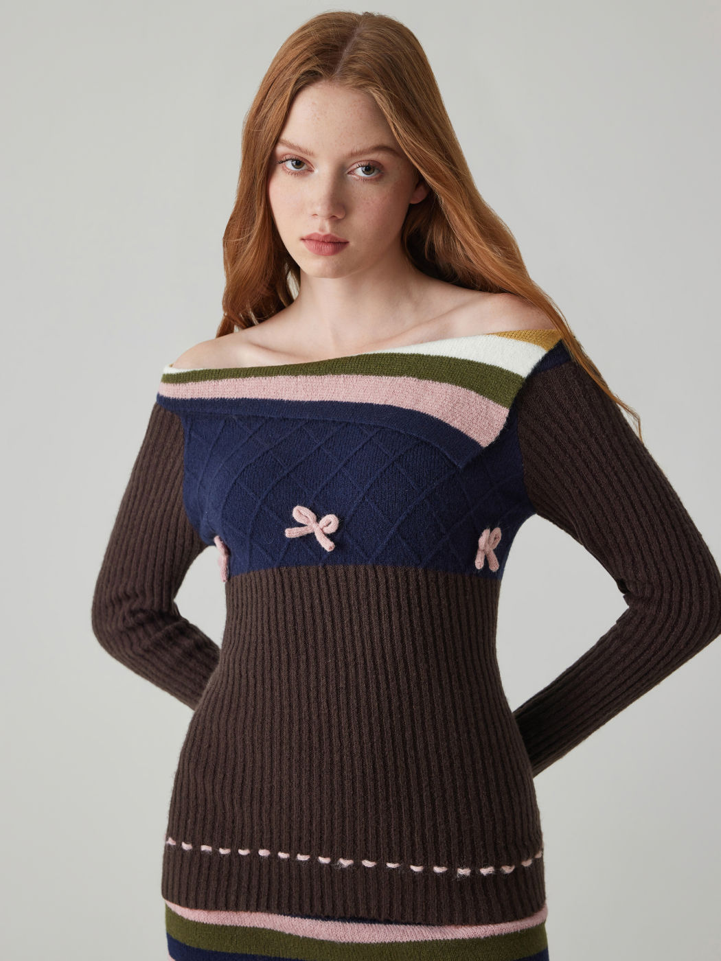 Off-shoulder Bowknot Striped Knitted Top