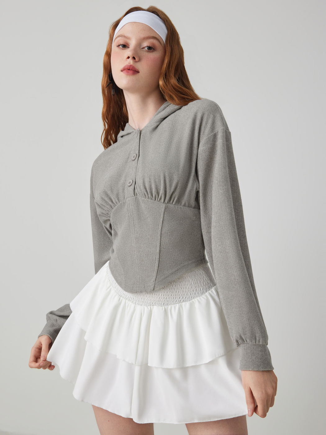  Strick Kapuzenpullover Solid Knopf Crop Top