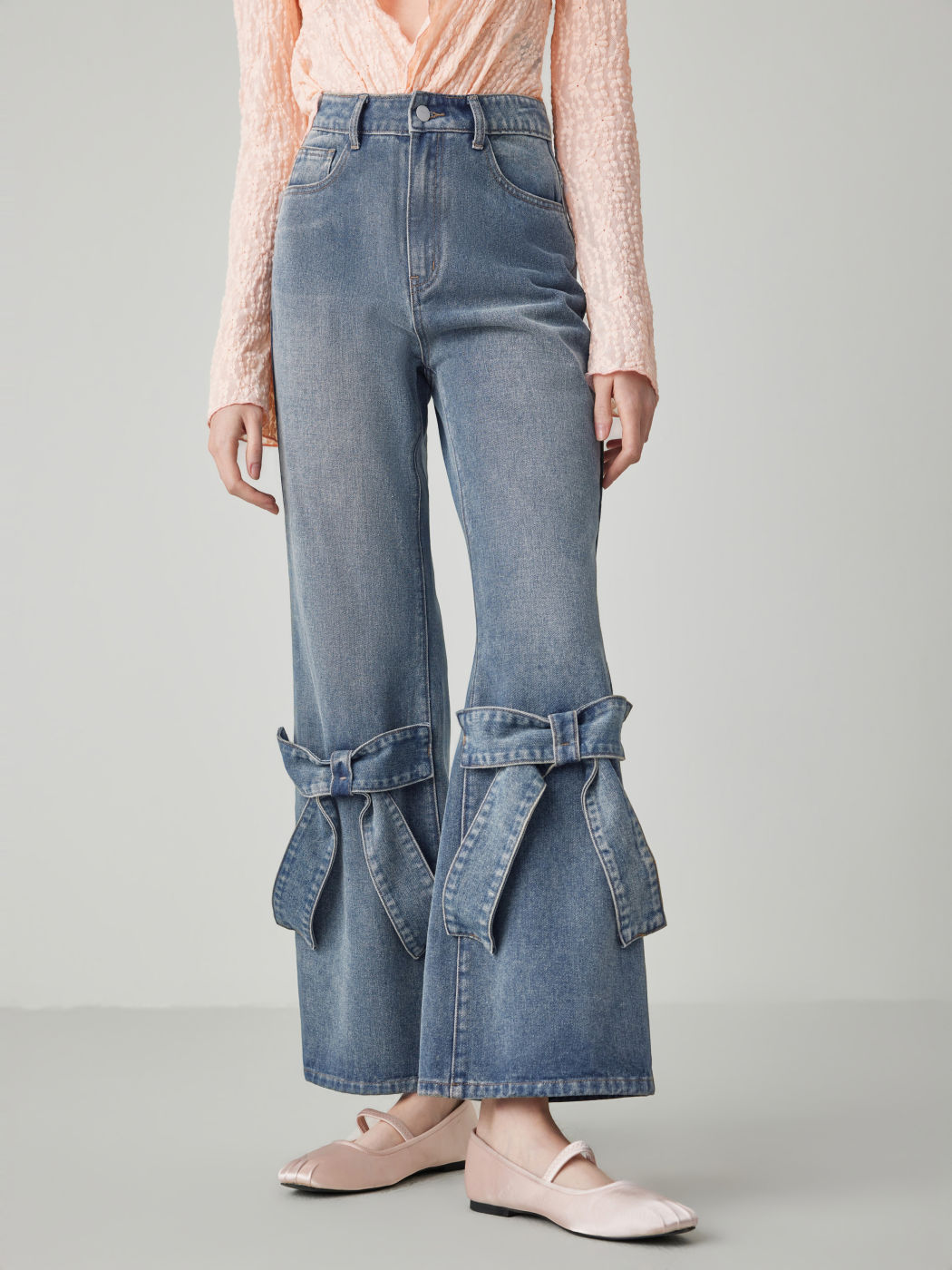 Denim Denim Mid Waist Solid Bowknot Flared Jeans For Coffee Shop Music Festival/Live House ...