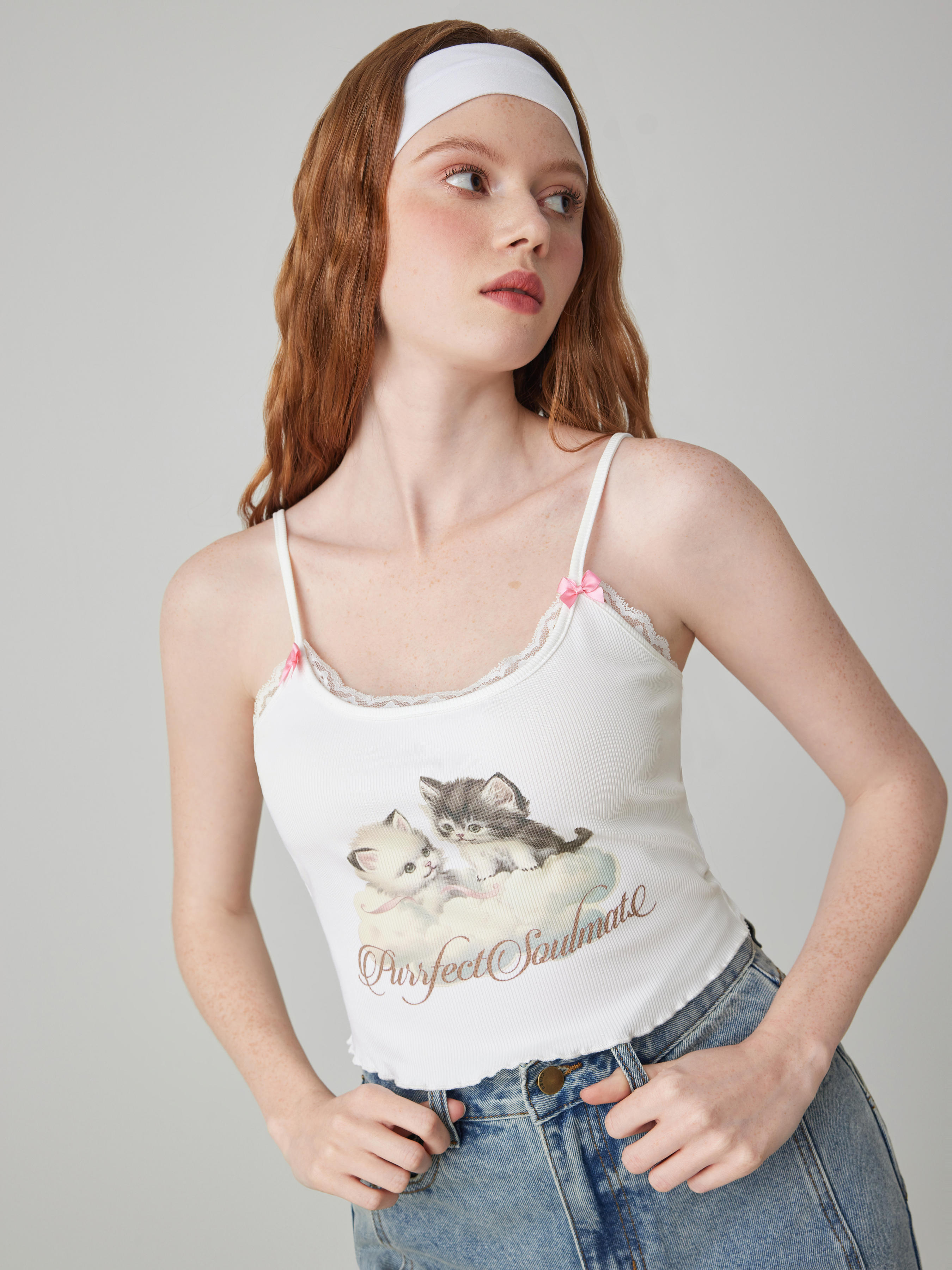 Lace U-neck Cat Bowknot Cami Top For Daily Casual School