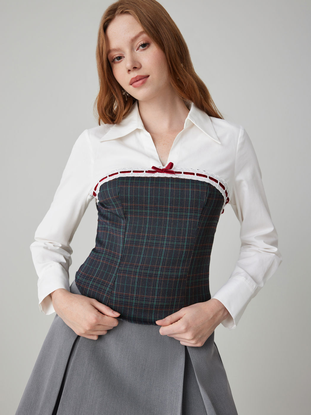  Kragen Karierte Flickwerk Langarm Bluse