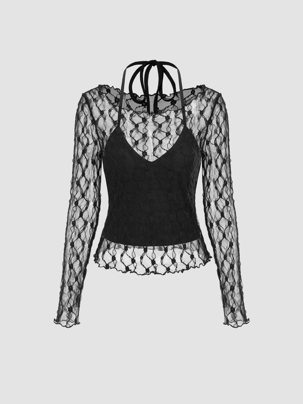 See-through Lace Long Sleeve Tee & Halter Tank Top 