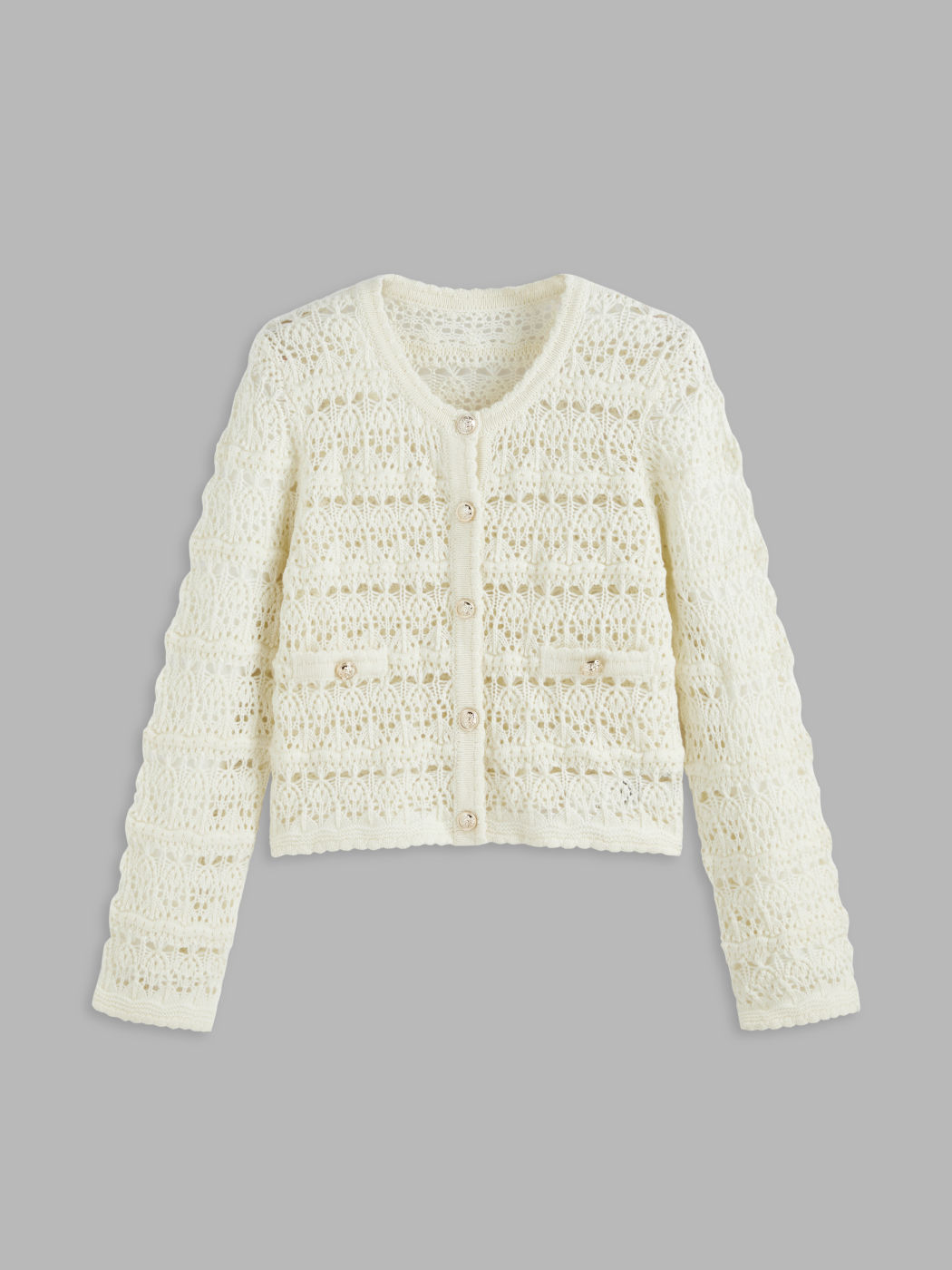 Round Neck Metallic Button Hollow Out Knitted Cardigan